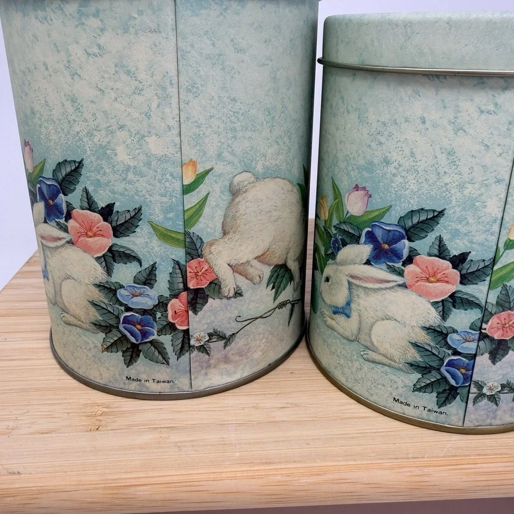 Vintage Easter Bunny Rabbit Nesting Tins Set of 2 Spring Floral Cottagecore